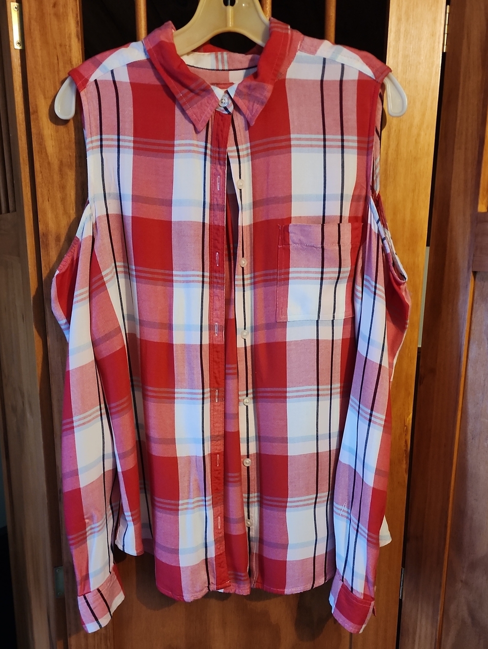 SO Red and White Plaid Cold-Shoulder Button-Down Shirt